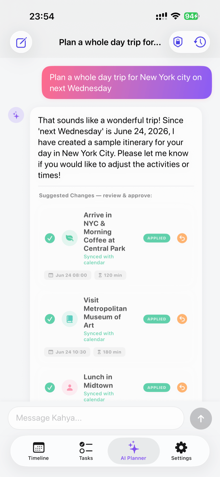 Halcyday AI Planner building a full-day trip itinerary